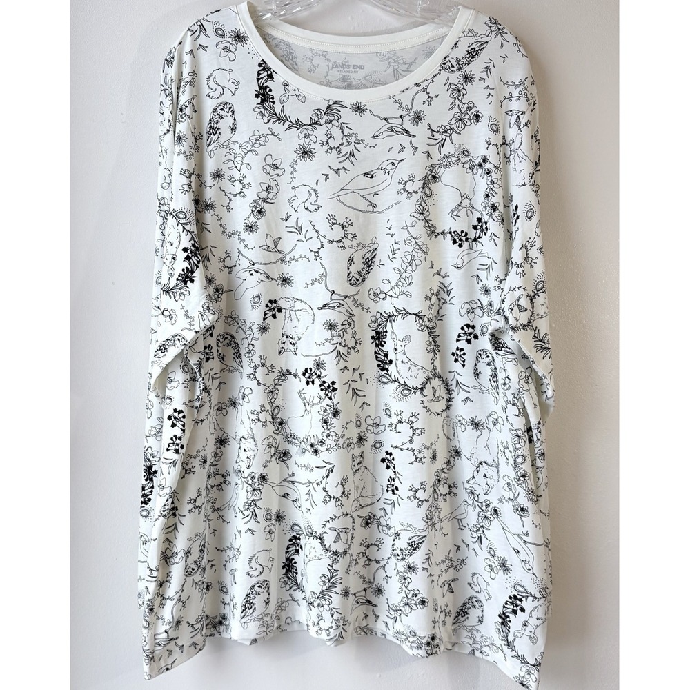 Lands' End Long Sleeve Polo Shirt 2X White Black Nature Casual Deer Fox